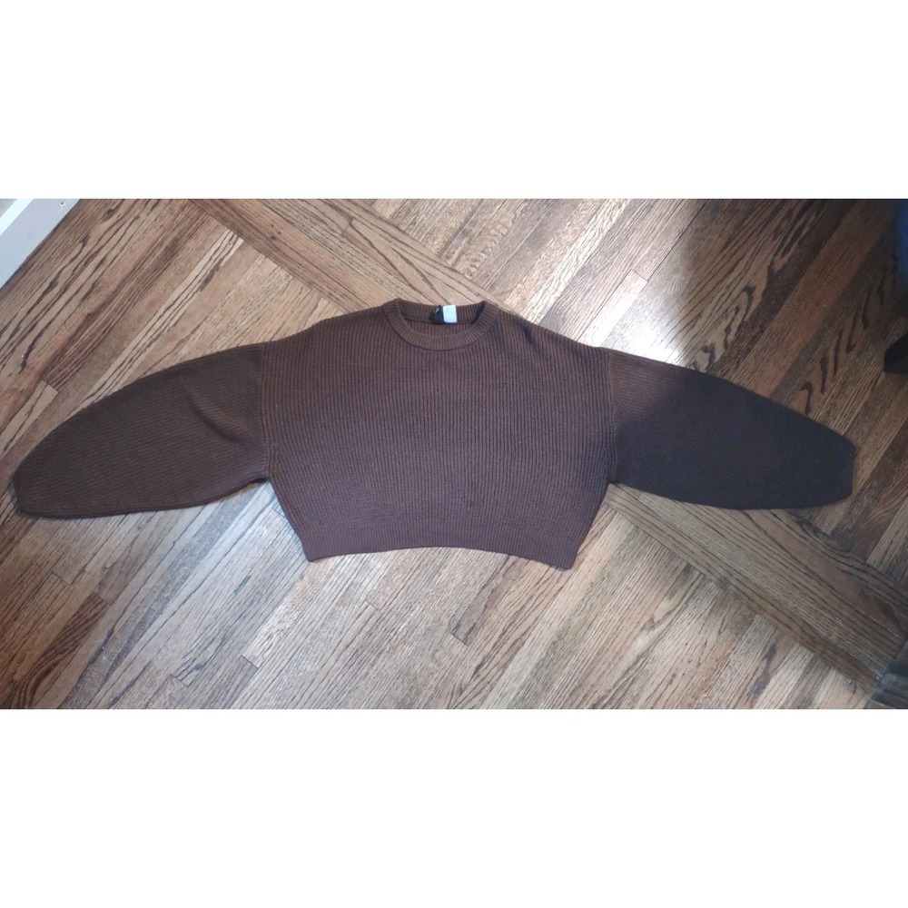 HM Divided Brown Chunky Ribbed Knit Cropped Sweater Womens Large Crew Neck Boho